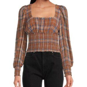 Gianni Bini Square Neck Smocked Blouse Womens Size 10 Plaid Sheer Long Sleeve